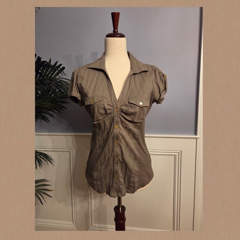 GUESS Cap Sleeve Shirt, Olive Green Color